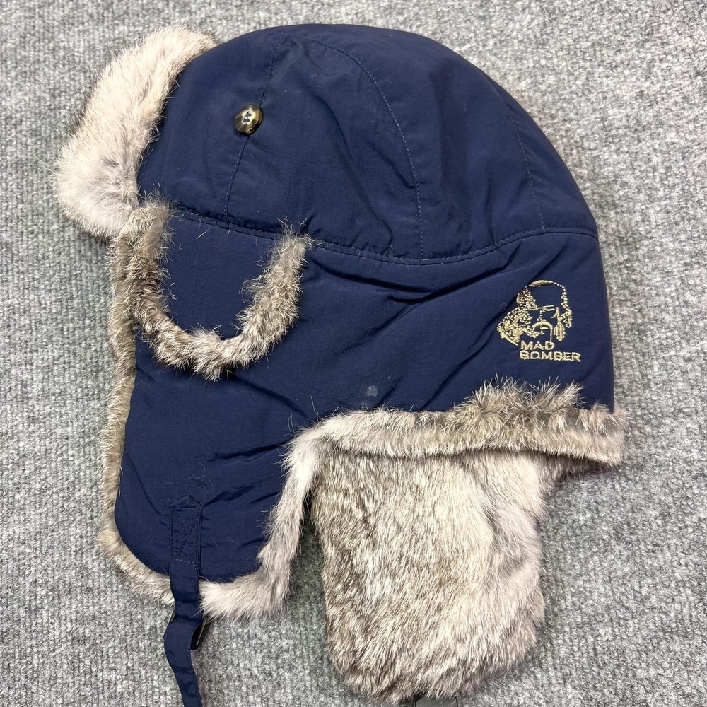 Mad Bomber Trapper Hat Fitted Mens Large Blue Rabbit Fur Ear Flap Winter Outdoor